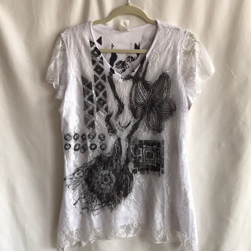 Brittany Black white with black print 2-layer lacy top, size L